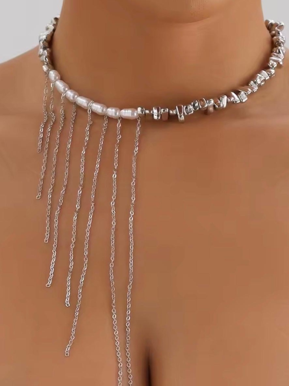 Silver Pearl Fringe Choker Necklace Statement Tassel Chain Necklace/Elegant Boho